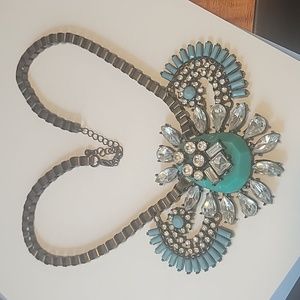 Statement Necklace with Rhinestones and Turquoise Color Beads Bronze Tone Metal
